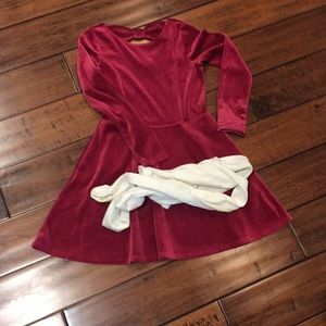 Red velvet dress with cream tights girls 7/8